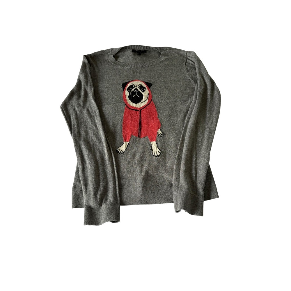 Banana Republic Gray Pug Dog Intarsia Knit Cotton Blend Sweater Womens Small